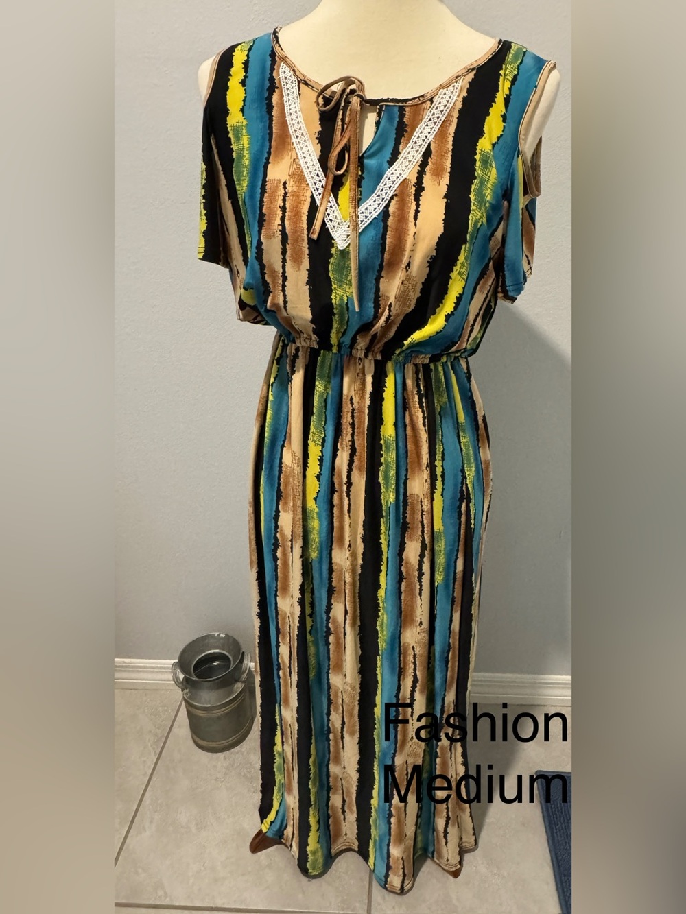 Petra Fashions Striped Maxi Dress in Blue, Yellow, Brown